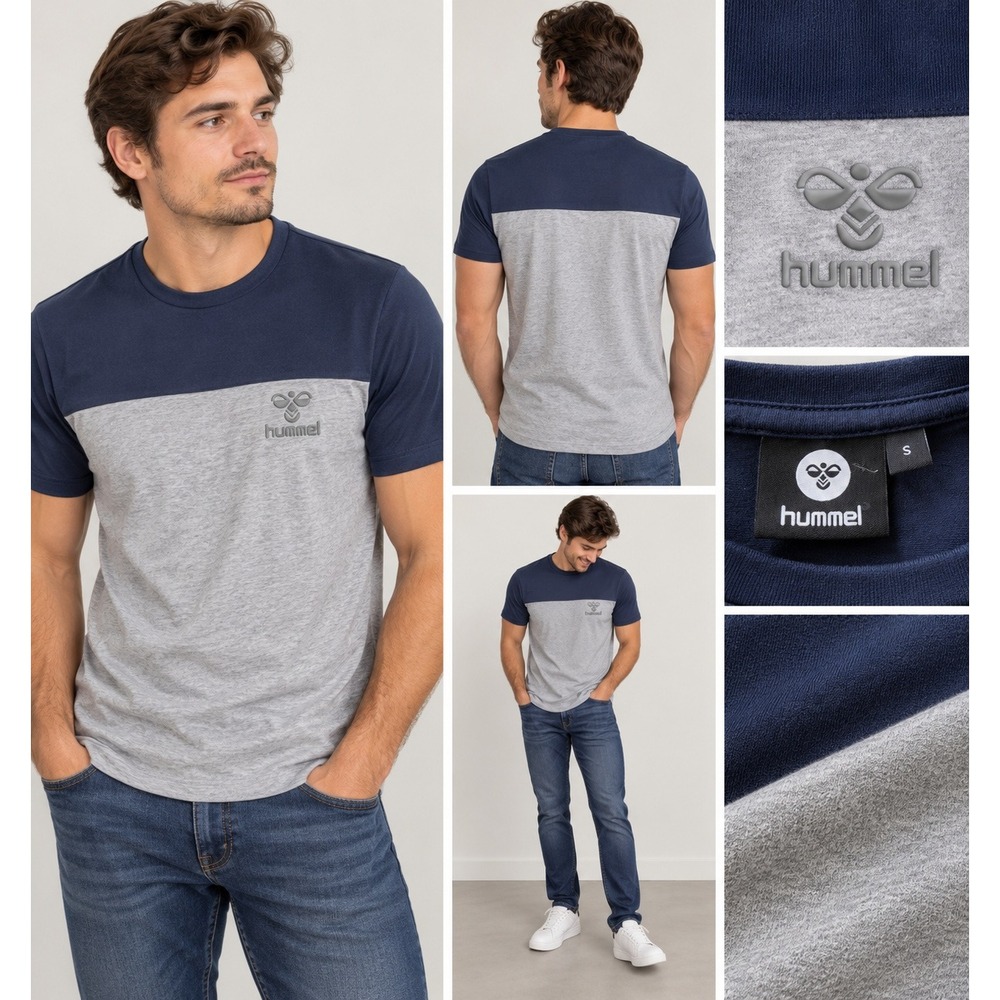 Hummel Mens Colorblock Soccercore Tee Navy Gray Tan Short Sleeve Logo Tee Size S